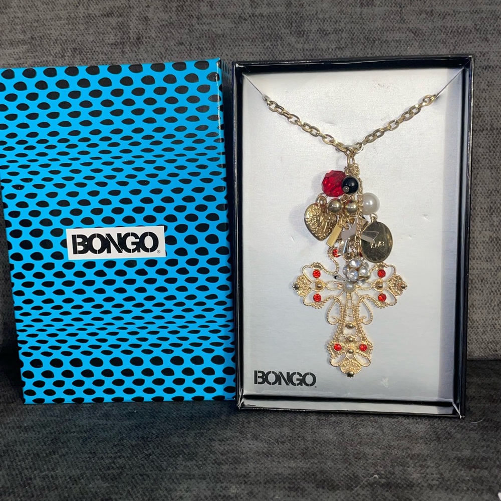 Chunky Rhinestone Cross Multi- Charm Tassel Pendant Necklace